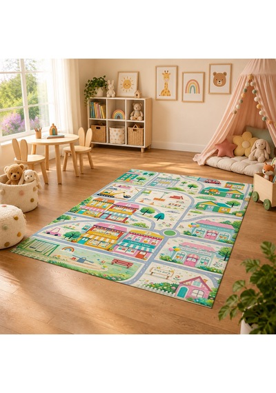 Kartela Halı Şehir Haritası Kaymaz Taban Çocuk Oyun Halısı - 60 X 90 Cm Çok Renkli