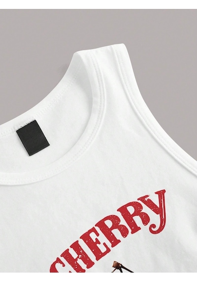 Afri Kadın Beyaz "Cherry" Baskılı Kolsuz Crop Atlet - Yazlık Sokak Stili Beyaz