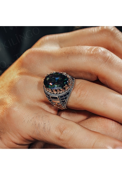 Takılingo 925 Ayar Gümüş Renkli Topaz Taşlı Zirkon Taş Detaylı Erkek Yüzük Gümüş