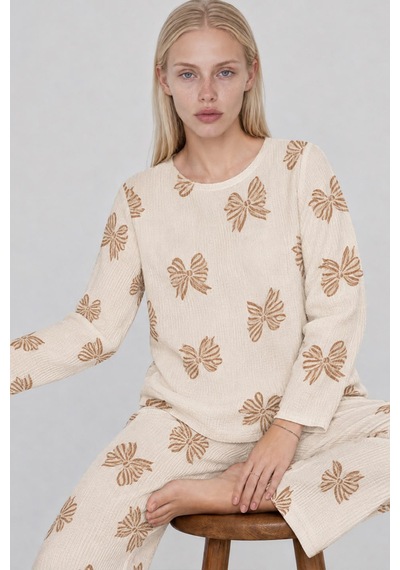Norcia Sports Kadın Desenli Uzun Kollu Krem Pijama Takımı 4762 Çok Renkli - 929323306 Çok Renkli - 929323306 Çok Renkli