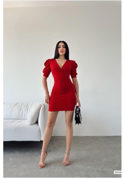DefyModa Kadın Krep Kumaş Kruvaze Yaka Kısa Kollu Abiye Elbise Kırmızı