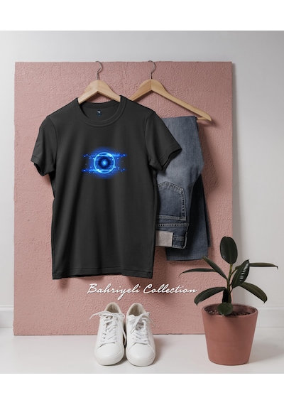 Oversize Light Eye Science And Technology Blue Effect Tasarımlı Unisex T-shirt Siyah