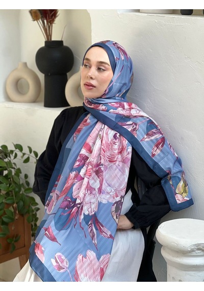 Moda Kaşmir Açelya Desen Çizgili Bambu Şal Lacivert-Mavi