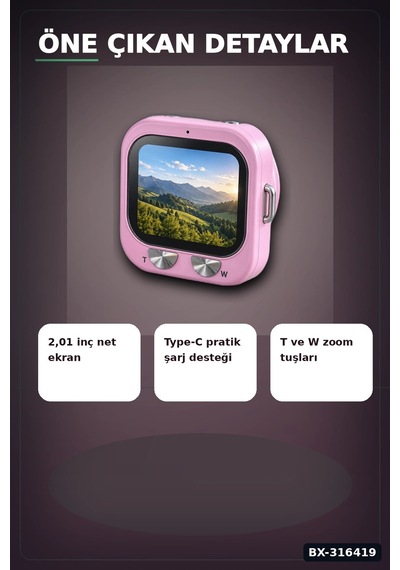 Mini Dijital Fotoğraf Makinesi 2.01 İnç Ekranlı Type C Şarjlı Pembe Kamera Bx-316419
