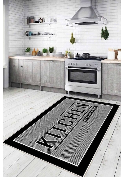 Gri Kaymaz Tabanlı Kitchen Yazan Mutfak Halısı Yolluk Vh097n11