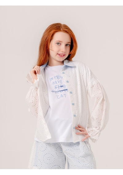 Giyicem Kız Çocuk Fisto Gömlek T-shirt İkili Takım 1804 Ekru