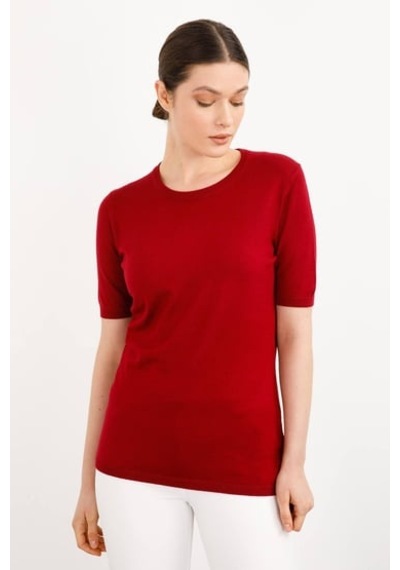 Desen Minimalist Oversize Yuvarlak Yaka Kısa Kol Kadın Bluz - Günlük & Şık Vişne