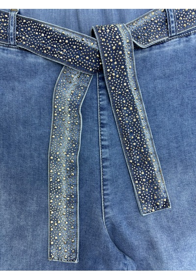 Büyük Beden Kemerli Likralı Taşlı Denim Kadın Pantolon Mavi