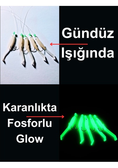 Ea genset Silikon Balıklı Çapari 5 Cm 2 Adet Silikon At Çek Takımı Şeffaf Yeşil Fosforlu Glow Beden Ve Fosforlu Glow Boncuklu