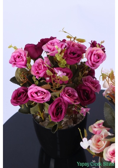 Yapay Çiçek Sitesi Plastik Saksıda Yapay Çalı Gülü Tanzimi 2'li Set 30 Cm Fuşya Mor - Somon Pembe