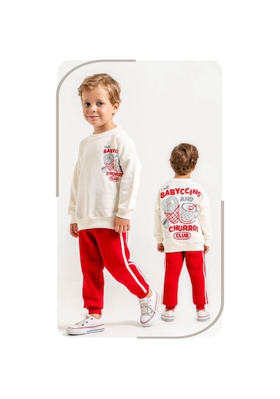 Churros Baskılı Sweatshirt & Eşofman Krem Kırmızı Alt Üst Takım 3 İplik Süper Kalite