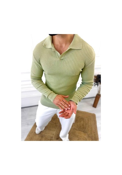 Elku Moda Kazak Slim Fit Polo Yaka Fitilli Yumuşak Dokulu Tüylenmez Sweatshirt Yeşil