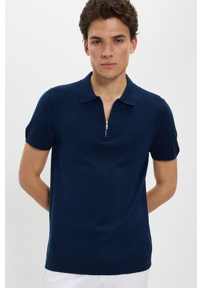 Tudors Erkek Slim Fit Dar Kesim Pamuklu Örme Triko Fermuarlı Lacivert Polo Yaka Tişört-46228