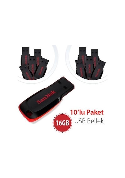 SanDisk Cruzer Blade SDCZ50-016G-B35 16 GB USB 2.0 Flash Bellek 10'lu