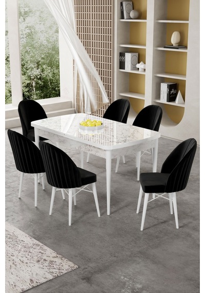 Canisa Gale Serisi 80x132 Açılabilir Lak Panel Beyaz Mermer Desen Mutfak Masa Takımı 6 Siyah Sandalye Masa Beyaz Mermer Desen Sandalye Siyah Canisa Gale Serisi 80x132 Açılabilir Lak Panel Beyaz Mermer Desen Mutfak Masa Takımı 6 Siyah Sandalye Masa Beyaz Mermer Desen Sandalye Siyah
