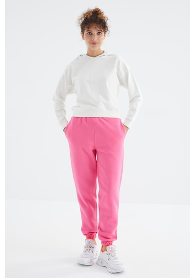Tommy Life Şeker Pembe Yüksek Bel Şardonlu 3 İplik Pamuklu Basic Kadın Eşofman Altı - 94624 Şeker Pembe