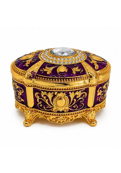 Kristal Taşlı Oval Mücevher Kutusu Kadife İç Kaplamalı Gold İşlemeli Takı Kutusu Dekoratif Saklama Kutusu Mor