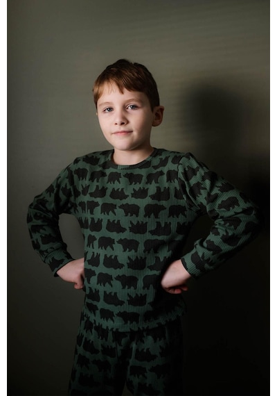 Antebies Organik Gots Sertifikalı Orman Ayıları Desenli, Uzun Kollu Erkek Çocuk Pijama Takımı Yeşil
