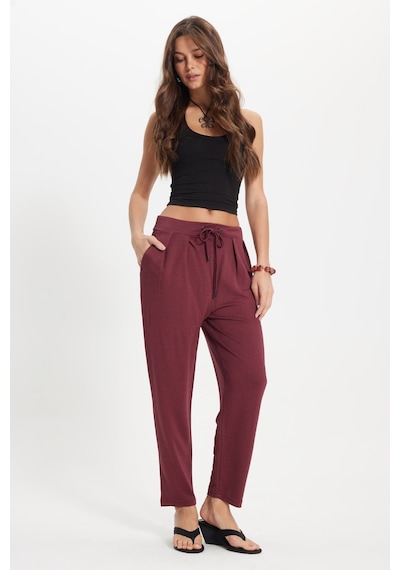Tudors Kadın Regular Fit Klasik Kesim Beli Bağcıklı Pileli Çift Cepli Bordo Pantolon-50824