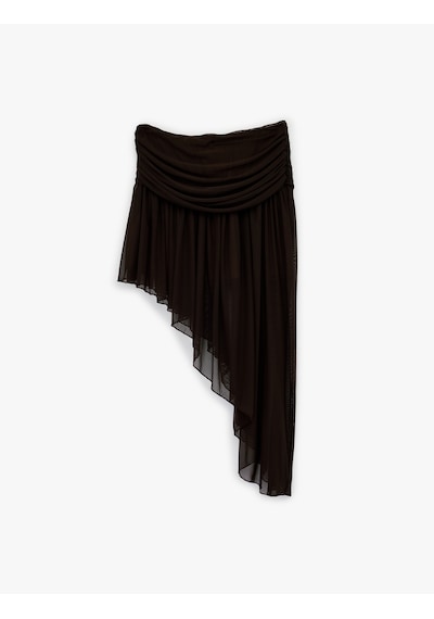 Koton Slim Fit Drapeli Asimetrik Kesim Tül Etek Kahverengi 6sak10191ek