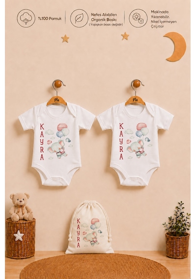 Pia Baby İsme Özel Erkek Bebek Hediye Seti 2'li %100 Pamuk Organik Baskılı Çıtçıtlı Body Zıbın Ve Ham Bez Bebek Kıyafet Kesesi 2065b2k6x Krem