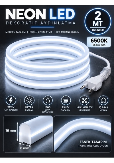 Borsan 2 Metre 6500k Beyaz Neon Led 220v Tak Çalıştır Ip65 Ultra Parlak Esnek Hortum Led Iç Dış Mekan Dekoratif Aydınlatma Montaj Aparatı Dahil 6500K - Beyaz Işık