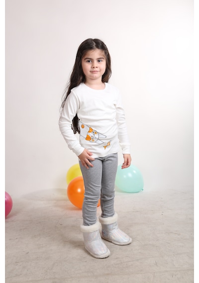Teenyweenykids Kedi Baskı Pijama Takımı Ekru