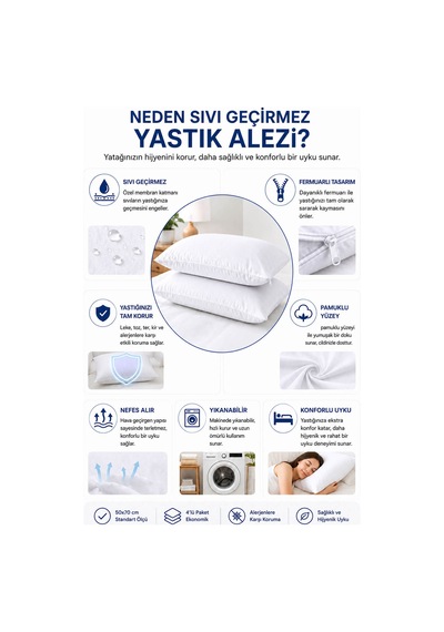 Sıvı Geçirmez Yastık Alezi 4'lü 50x70 Cm Pamuklu Fermuarlı Puresleep Beyaz