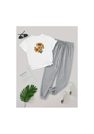 Medinenur Kelebek Ve Ayçiçeği Baskılı T-shirt Eşofman Altı Jogger Rahat Kalıp Eşofman Takım Beyaz