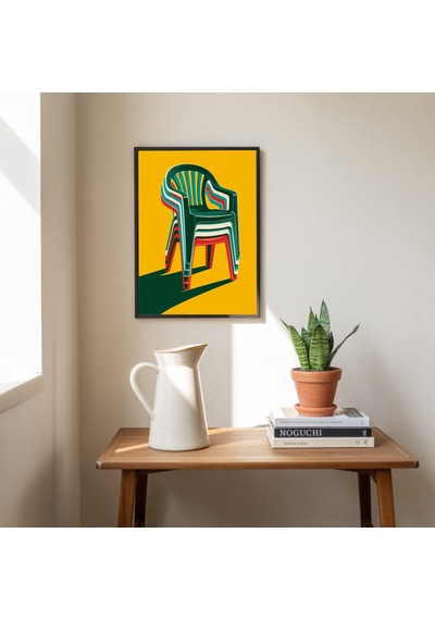 Retro Plastik Bahçe Sandalyeleri Sanat Baskısı Orta Çağ Modern Pop Art Hardal Sarısı Serigrafi Baskı Açık Ahşap