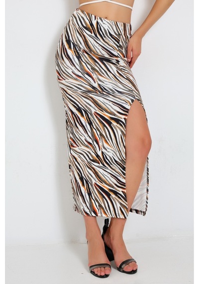 Gugus Kadın Derin Yırtmaçlı Dijital Baskılı Etek Maxi Boy 92 Cm Renkli Zebra