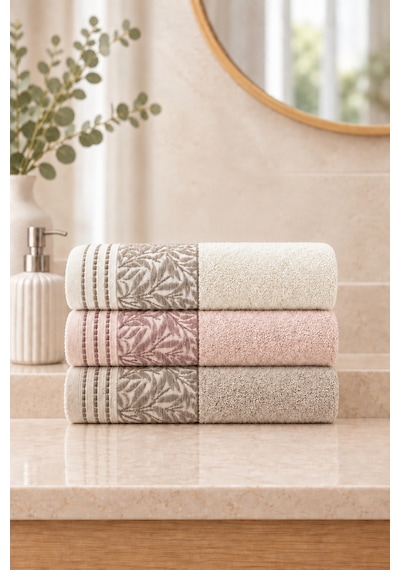 Botanical Garden Yaprak Desenli El Yüz Havlusu 50x90 Cm 3 Lü Set %100 Pamuk - Rose Cream Çok Renkli