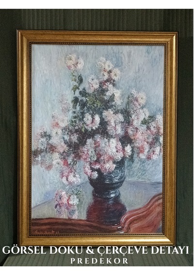 Gold Çerçeveli Nostaljik Vazoda Monet Kasımpatı Çiçekleri Tablosu - Lüx Salon Tablosu