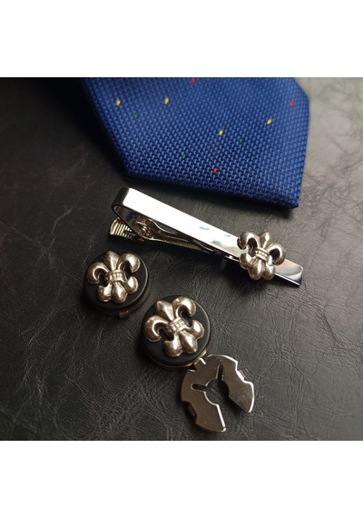 Fleur De Lis Figürlü Geçmeli Kol Düğmesi Ve Kravat İğnesi Seti Gümüş