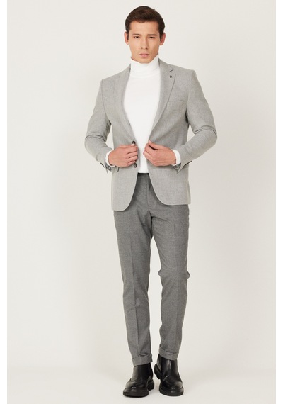 AC&Co / Altınyıldız Classics Erkek Gri Slim Fit Dar Kesim Mono Yaka Desenli Yünlü Ceket Gri