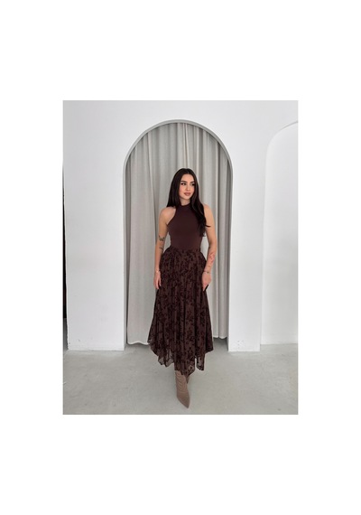 Winmoda34 Kadın Beli Lastikli Tül Baskılı Etek İçi Astarlı Asimetrik Kesim Kahverengi Winmoda34 Kadın Beli Lastikli Tül Baskılı Etek İçi Astarlı Asimetrik Kesim Kahverengi