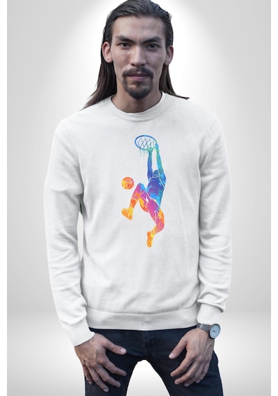 Smaç Basketbol Renkli Unisex Beyaz Baskılı Sweatshirt Beyaz