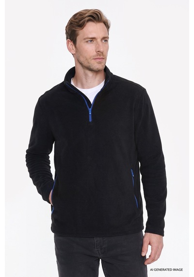 Ac&Co / Altınyıldız Classics Erkek Sıyah Sıcak Tutan Standart Fit Normal Kesim Bato Yaka Çift Fleto Cepli Sweatshirt Polar Siyah