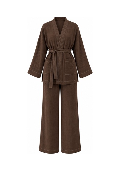 Laluvia Kahverengi %100 Pamuk Cepli Kuşaklı Kimono Takım - 2y8491