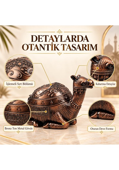Lüks Alaşım Metal Deve Figürlü Kapaklı Dekoratif Küllük Takı Saklama Kutusu Metal Biblo 16 X10 Cm.
