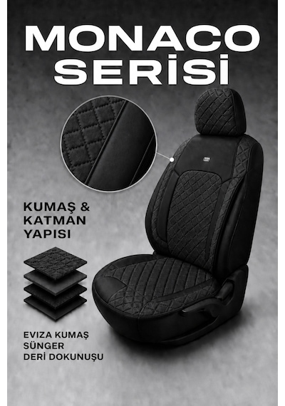 Vw Golf 7 Kasa 2013-2020 Uyumlu Monaco Serisi Eviza Deri Detaylı Siyah Koltuk Kılıfı