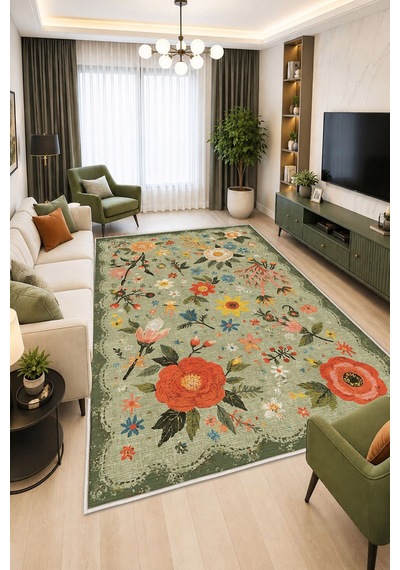 STY Home Yeşi Çiçekli Dijital Baskı Halı Kaymaz Tabanlı Yıkanabilir Halı Yolluk Salon Halısı140 Yeşil