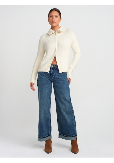 Dilvin 71743 Paçası Kıvrık Geniş Kesim Denim Pantolon Mavi