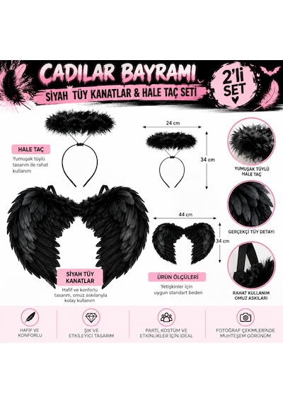 Cadılar Bayramı Siyah Melek Kanadı Ve Hale Taç Seti 2 Parça Kadın Halloween Kostüm Ve Parti Aksesuarı Yetişkin