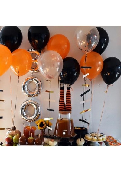 30 Adet Metalik Sedefli Turuncu-Siyah-Şeffaf Karışık Balon Hely