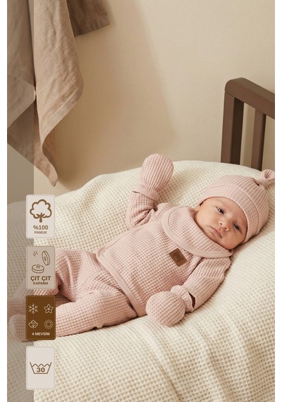 Minory Baby - %100 Pamuk 5'li Hastane Çıkışı Seti Yenidoğan 5'li Set Waffle Kumaş Battaniyesiz Çok Renkli Çok Renkli