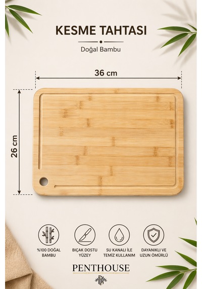 Bambu Kesme Tahtası 26x36 Cm Askılı, Oluklu, Doğal Ahşap Mutfak Kesme Ve Sunum Tahtası Açık Bej