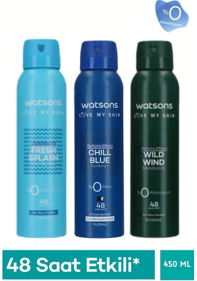 Watsons 3 Lü Erkek Deodorant Seti Chill Blue Pudralı+wild Wind+fresh Splash Pudrasız 150ml