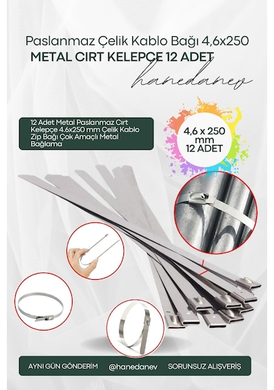 12 Adet Metal Paslanmaz Cırt Kelepçe 4.6x250 Mm Çelik Kablo Zip Bağı Çok Amaçlı Metal Bağlama Gri
