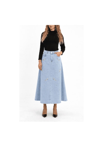 Çiçekli Nakış Detaylı Uzun Denim Etek- Açık Mavi Çok Renkli
